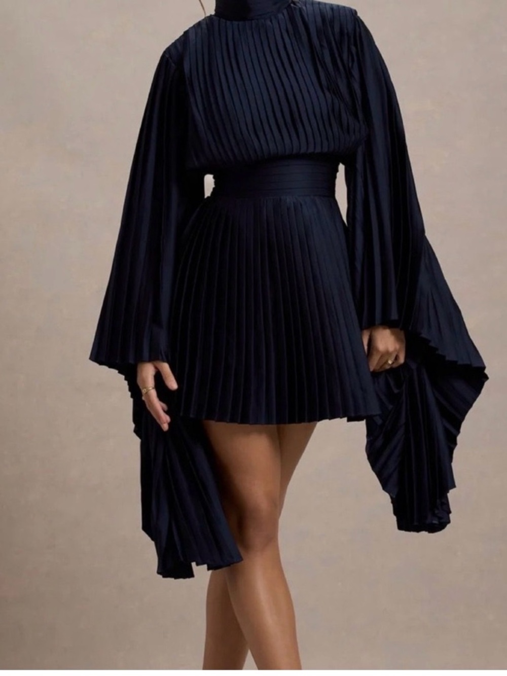Pleated High-Neck Mini Dress in Navy